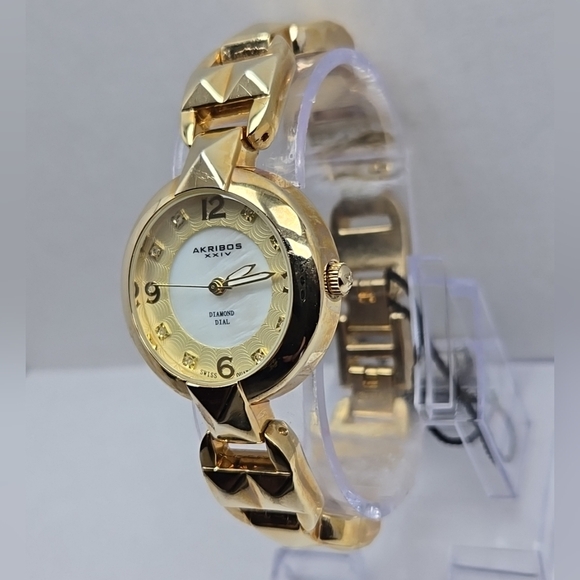 Womens Akribos XXIV Diamond Dial Quartz Gold Tone Watch New Battery AK755YG - Picture 2 of 10